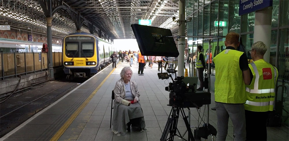Nell McCafferty portrait filming set up, on location at Connelly Street train station, Dublin, 2019.
